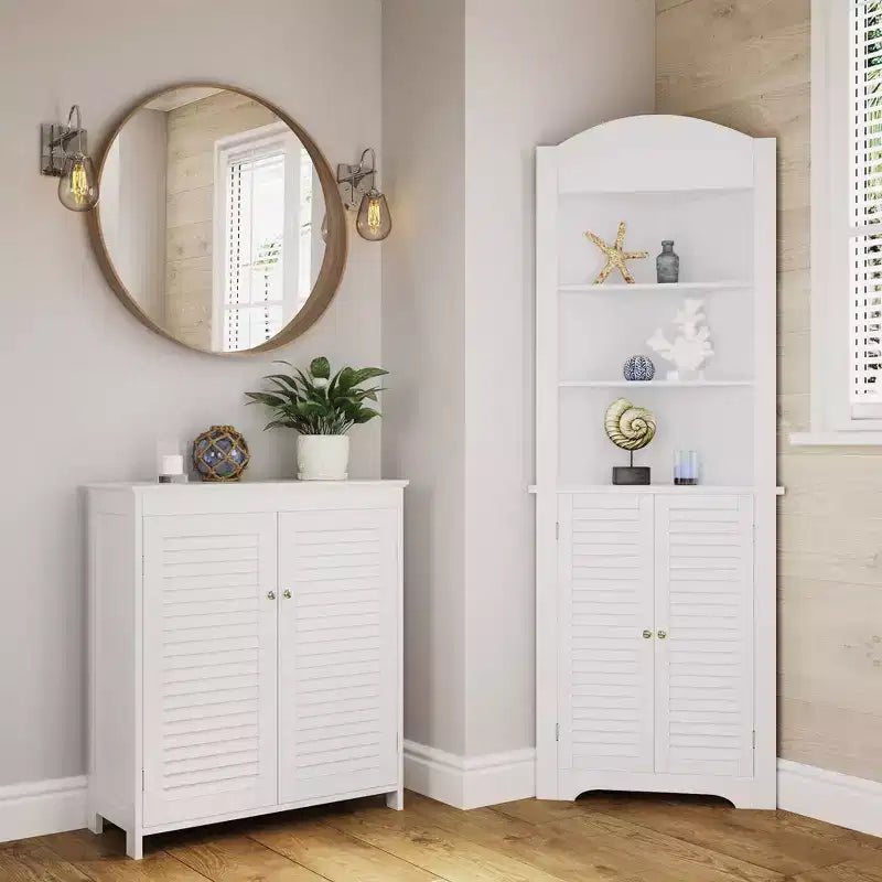 Bathroom and Laundry Storage Floor Cabinet with Doors and Adjustable Shelves - White