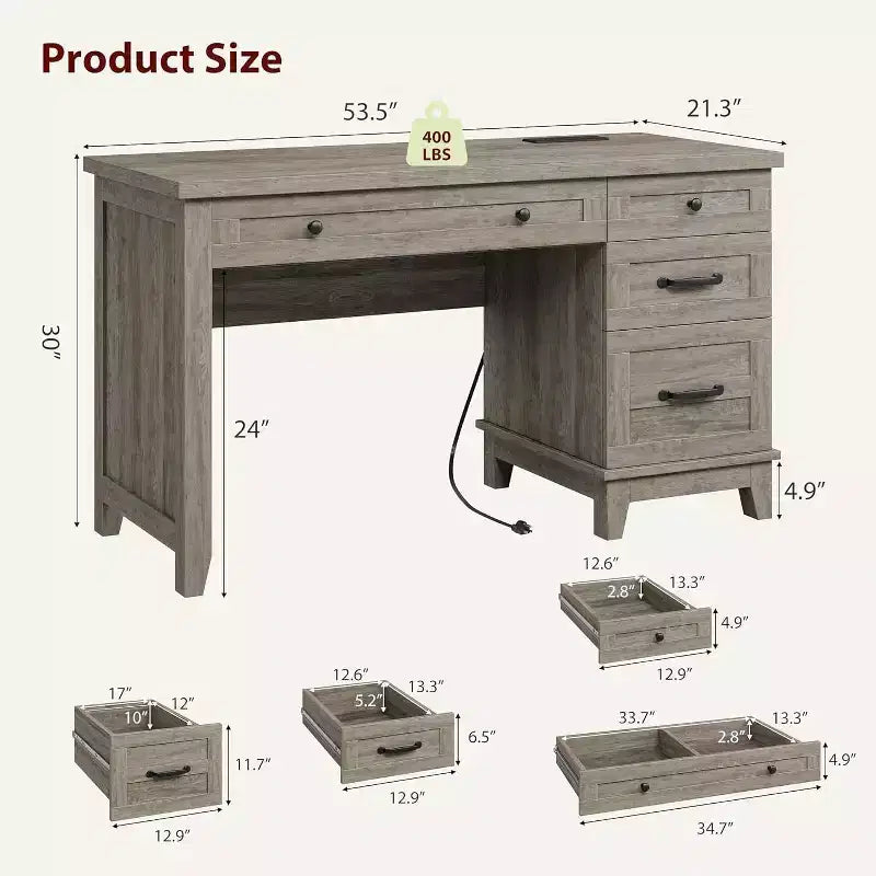 53.54 Executive Desk with Drawers | Wooden Home Office Computer Desk with Charging Station & File Cabinet Storage for Work Study Writing