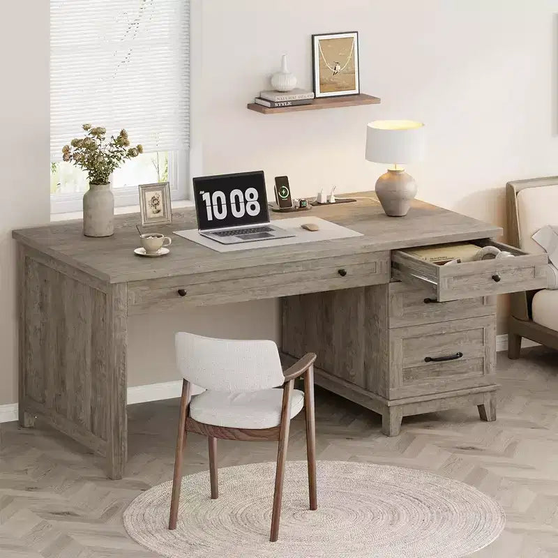 53.54 Executive Desk with Drawers | Wooden Home Office Computer Desk with Charging Station & File Cabinet Storage for Work Study Writing