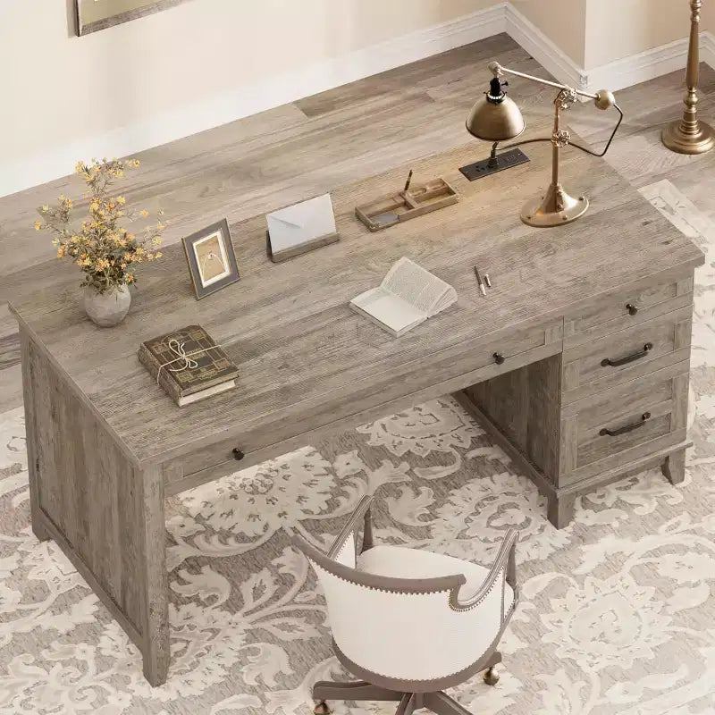53.54 Executive Desk with Drawers | Wooden Home Office Computer Desk with Charging Station & File Cabinet Storage for Work Study Writing