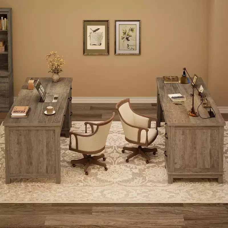53.54 Executive Desk with Drawers | Wooden Home Office Computer Desk with Charging Station & File Cabinet Storage for Work Study Writing
