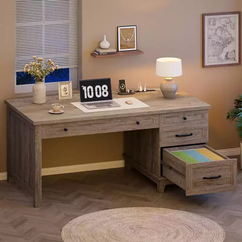53.54 Executive Desk with Drawers | Wooden Home Office Computer Desk with Charging Station & File Cabinet Storage for Work Study Writing