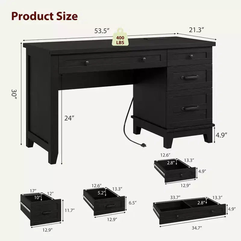 53.54 Executive Desk with Drawers | Wooden Home Office Computer Desk with Charging Station & File Cabinet Storage for Work Study Writing