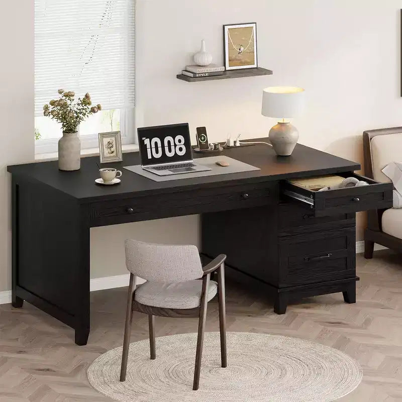 53.54 Executive Desk with Drawers | Wooden Home Office Computer Desk with Charging Station & File Cabinet Storage for Work Study Writing