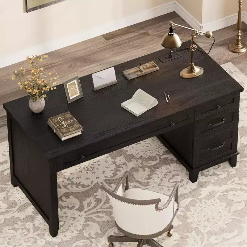 53.54 Executive Desk with Drawers | Wooden Home Office Computer Desk with Charging Station & File Cabinet Storage for Work Study Writing
