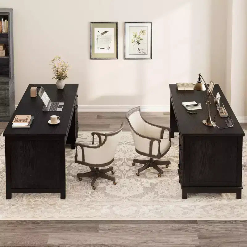 53.54 Executive Desk with Drawers | Wooden Home Office Computer Desk with Charging Station & File Cabinet Storage for Work Study Writing