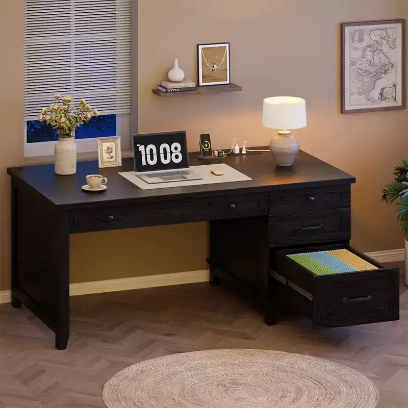 53.54 Executive Desk with Drawers | Wooden Home Office Computer Desk with Charging Station & File Cabinet Storage for Work Study Writing