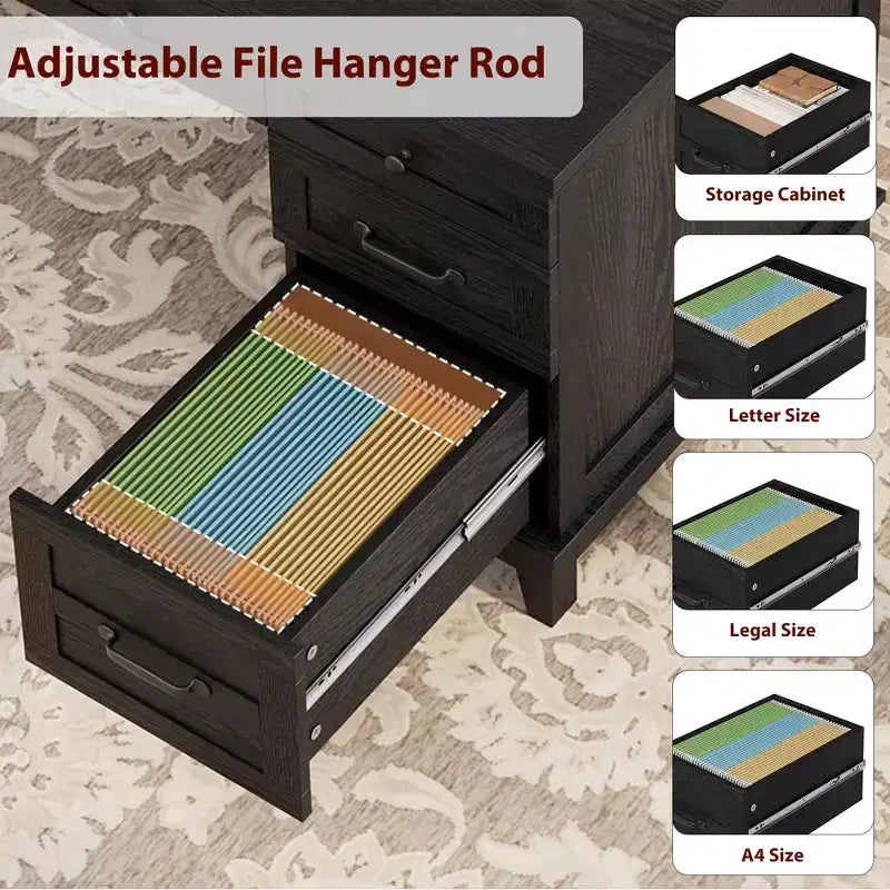 53.54 Executive Desk with Drawers | Wooden Home Office Computer Desk with Charging Station & File Cabinet Storage for Work Study Writing