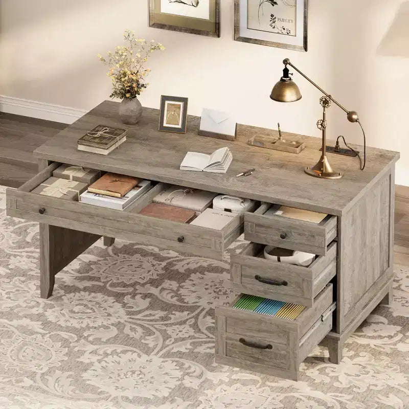 53.54 Executive Desk with Drawers | Wooden Home Office Computer Desk with Charging Station & File Cabinet Storage for Work Study Writing