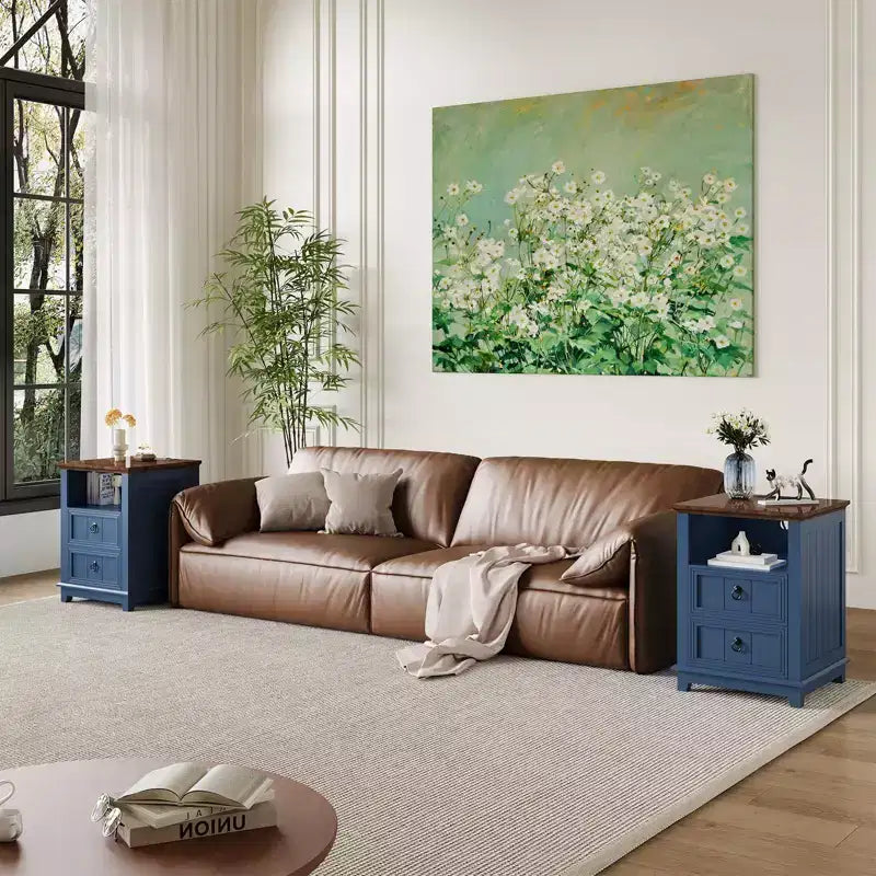 Modern bedside table with Charging Station, 2 Drawers & Open Shelf, for Bedroom, Living Room