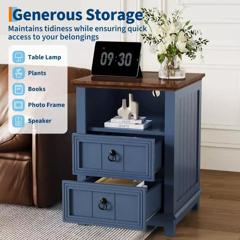 Modern bedside table with Charging Station, 2 Drawers & Open Shelf, for Bedroom, Living Room