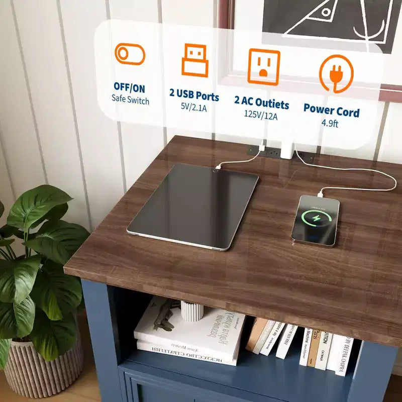 Modern bedside table with Charging Station, 2 Drawers & Open Shelf, for Bedroom, Living Room