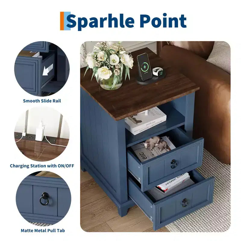 Modern bedside table with Charging Station, 2 Drawers & Open Shelf, for Bedroom, Living Room
