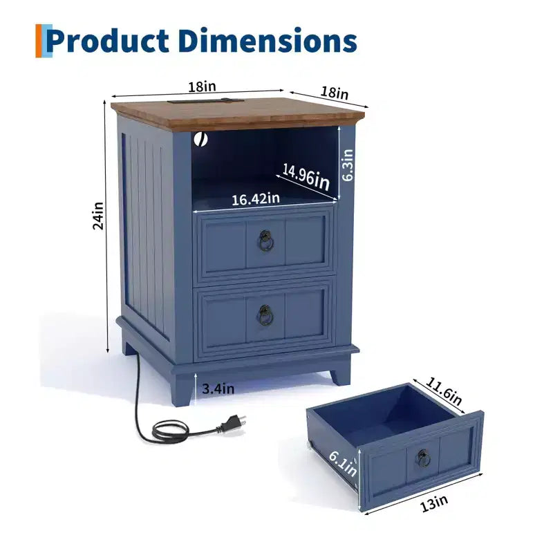 Modern bedside table with Charging Station, 2 Drawers & Open Shelf, for Bedroom, Living Room