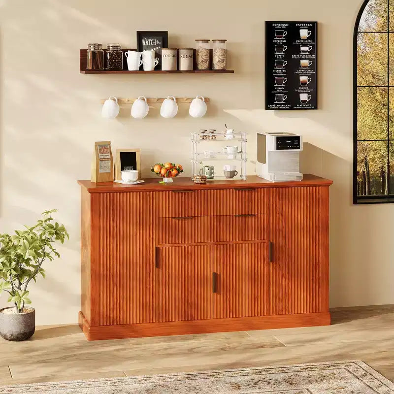 58 Fluted Buffet Storage Cabinet with Drawers & Doors, Modern with Adjustable Shelf and Gold Pulls for Dining & Living Spaces