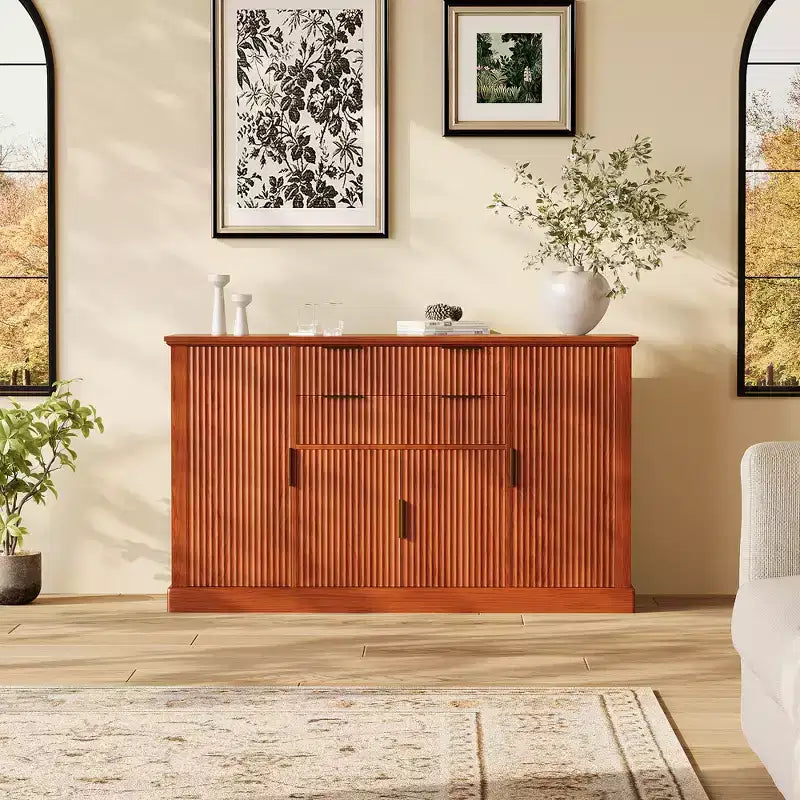 58 Fluted Buffet Storage Cabinet with Drawers & Doors, Modern with Adjustable Shelf and Gold Pulls for Dining & Living Spaces