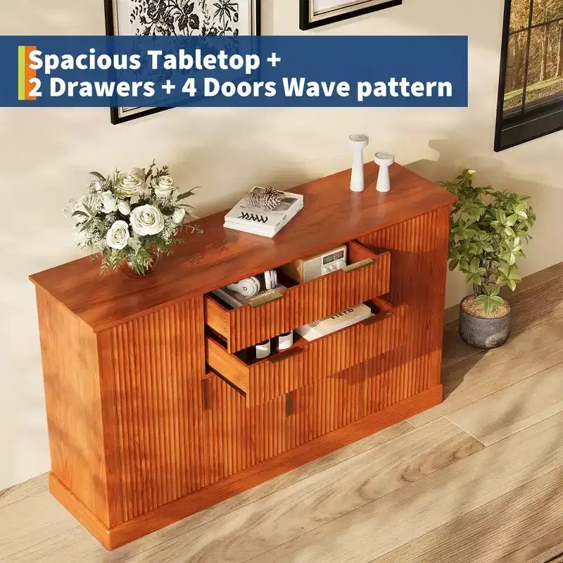 58 Fluted Buffet Storage Cabinet with Drawers & Doors, Modern with Adjustable Shelf and Gold Pulls for Dining & Living Spaces