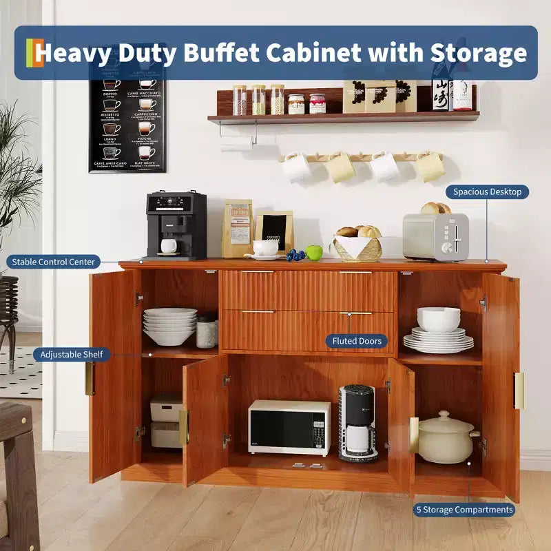 58 Fluted Buffet Storage Cabinet with Drawers & Doors, Modern with Adjustable Shelf and Gold Pulls for Dining & Living Spaces