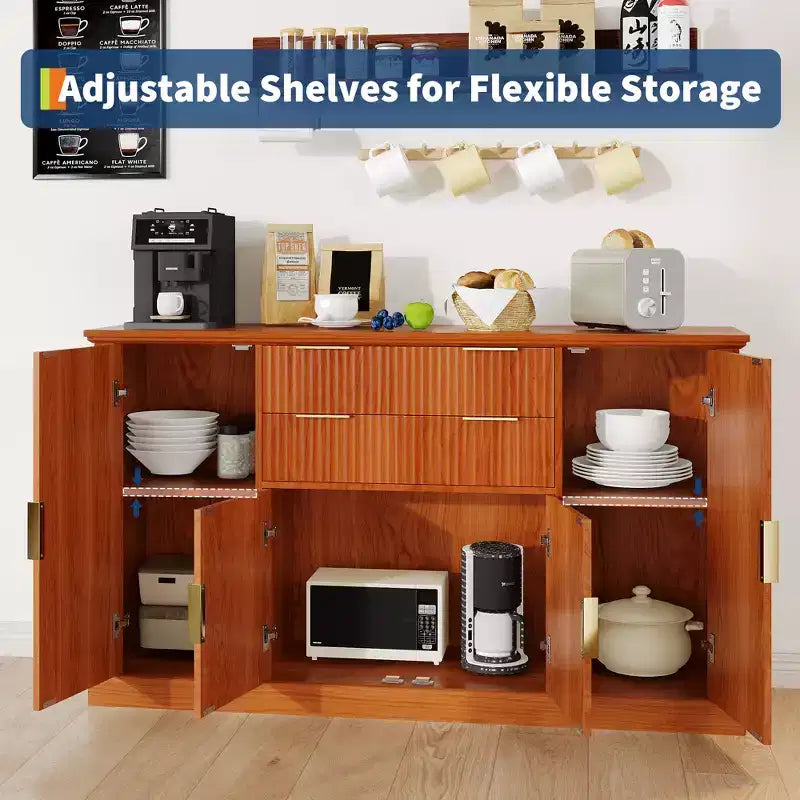 58 Fluted Buffet Storage Cabinet with Drawers & Doors, Modern with Adjustable Shelf and Gold Pulls for Dining & Living Spaces