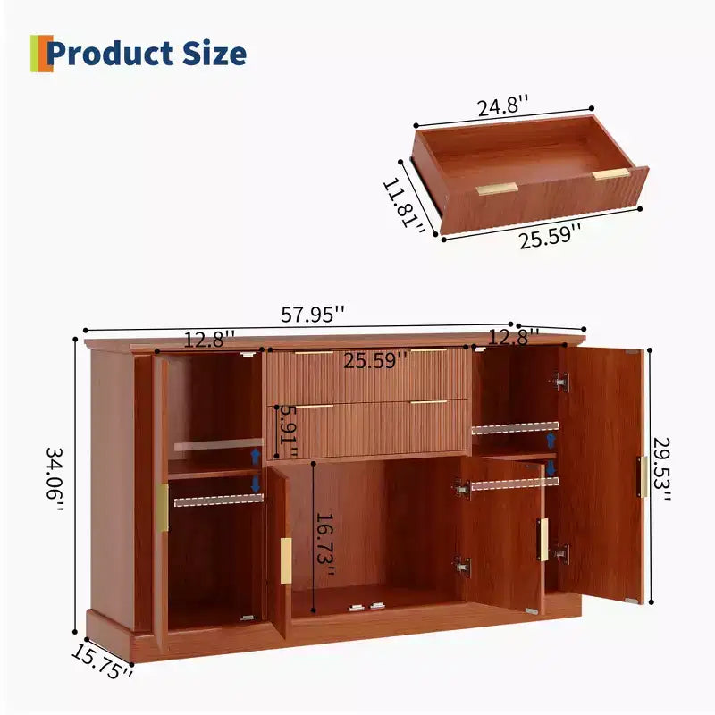 58 Fluted Buffet Storage Cabinet with Drawers & Doors, Modern with Adjustable Shelf and Gold Pulls for Dining & Living Spaces
