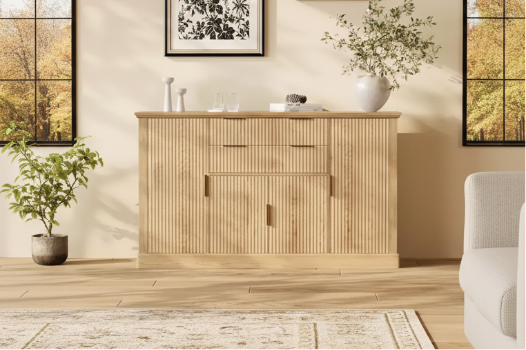 58 Fluted Buffet Storage Cabinet with Drawers & Doors, Modern with Adjustable Shelf and Gold Pulls for Dining & Living Spaces