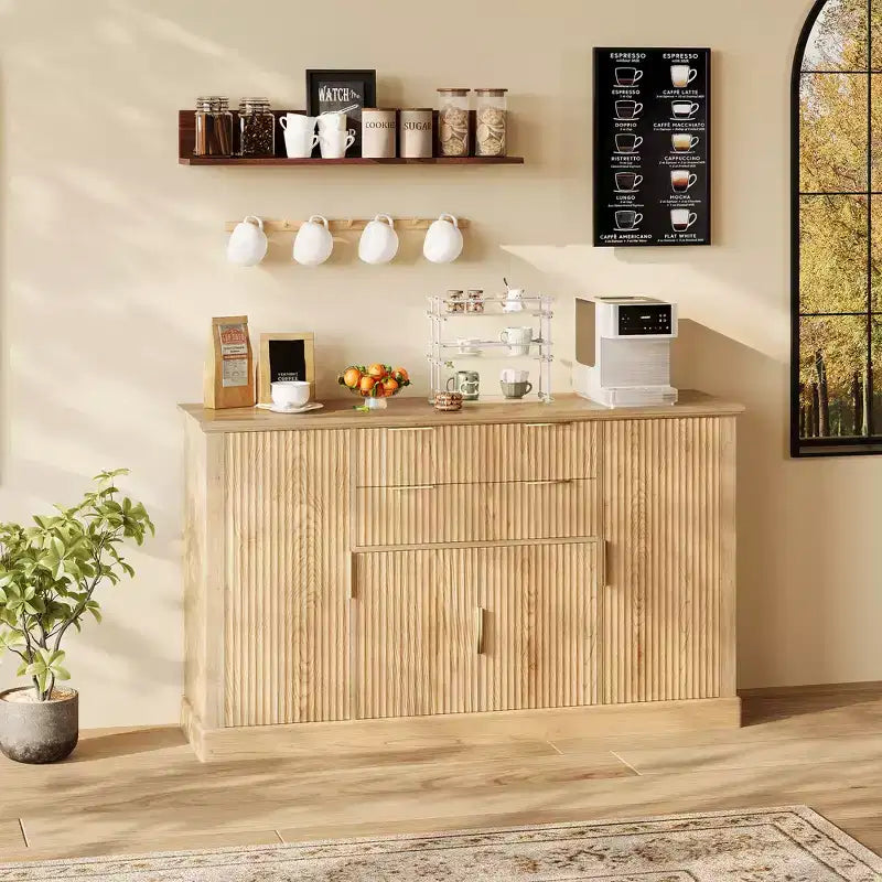 58 Fluted Buffet Storage Cabinet with Drawers & Doors, Modern with Adjustable Shelf and Gold Pulls for Dining & Living Spaces