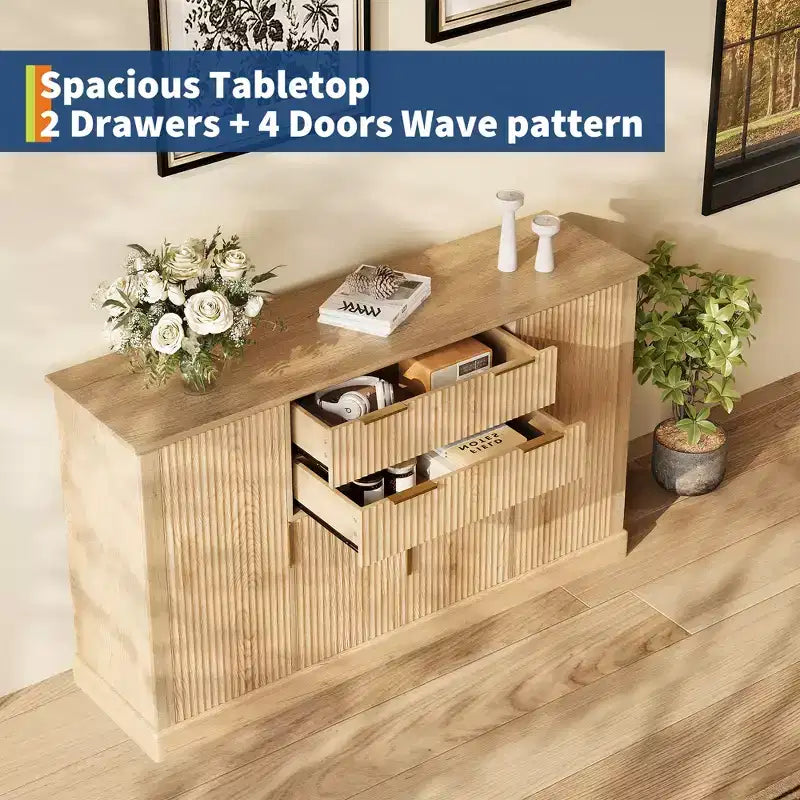 58 Fluted Buffet Storage Cabinet with Drawers & Doors, Modern with Adjustable Shelf and Gold Pulls for Dining & Living Spaces