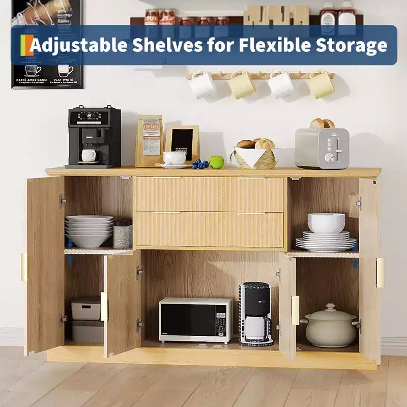 58 Fluted Buffet Storage Cabinet with Drawers & Doors, Modern with Adjustable Shelf and Gold Pulls for Dining & Living Spaces