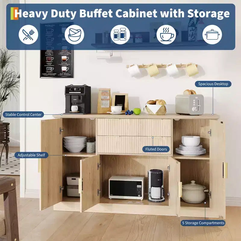 58 Fluted Buffet Storage Cabinet with Drawers & Doors, Modern with Adjustable Shelf and Gold Pulls for Dining & Living Spaces