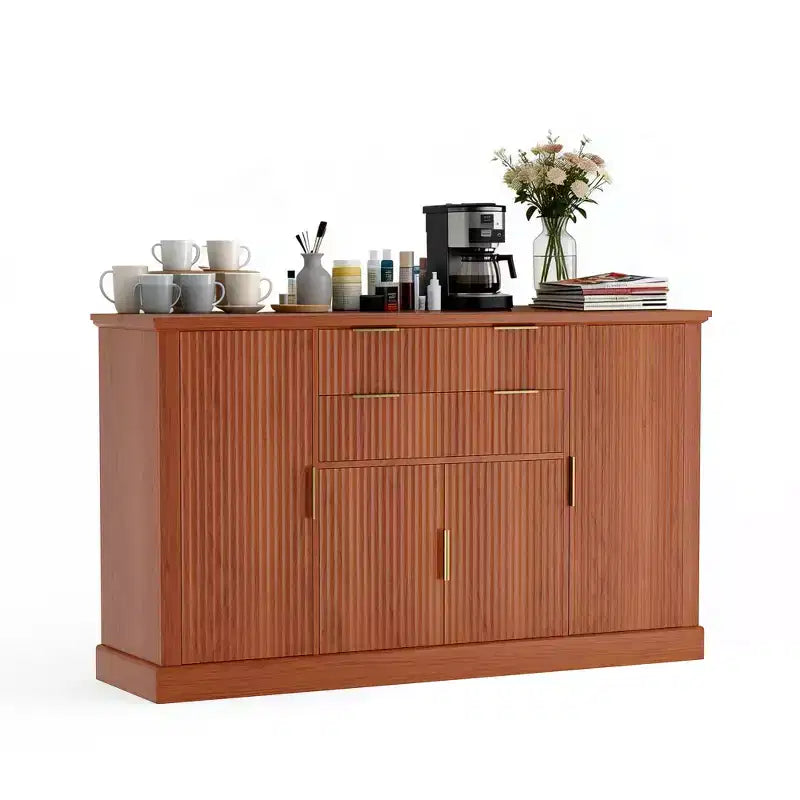 58 Fluted Buffet Storage Cabinet with Drawers & Doors, Modern with Adjustable Shelf and Gold Pulls for Dining & Living Spaces