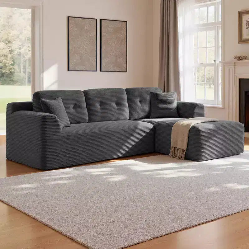 108.3 Inches Boneless Couch with Chaise, with Deep Seat, L-Shape Corduroy Sofa for Living Room, Right-Facing Chaise