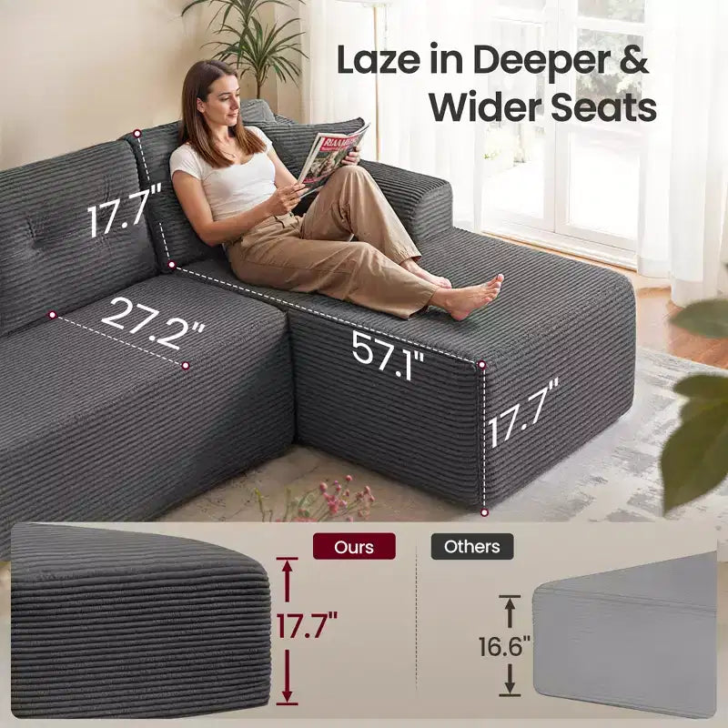 108.3 Inches Boneless Couch with Chaise, with Deep Seat, L-Shape Corduroy Sofa for Living Room, Right-Facing Chaise