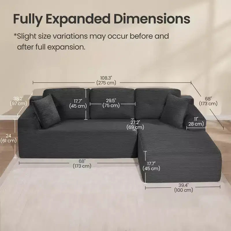 108.3 Inches Boneless Couch with Chaise, with Deep Seat, L-Shape Corduroy Sofa for Living Room, Right-Facing Chaise