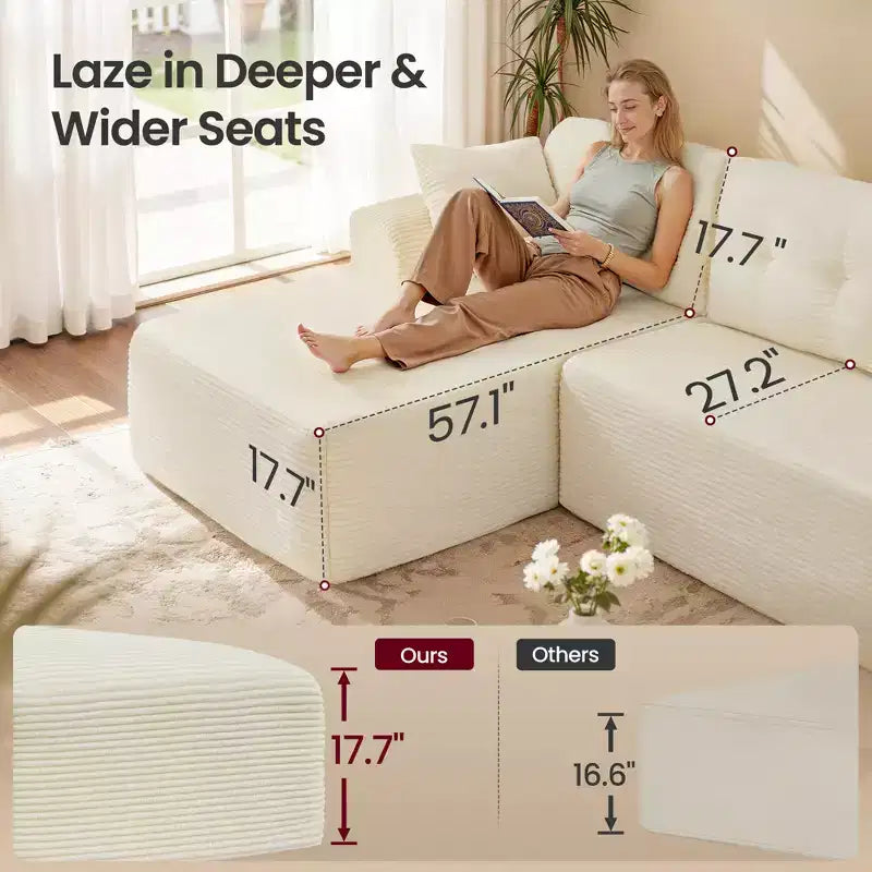 108.3 Inches Boneless Couch with Chaise, with Deep Seat, L-Shape Corduroy Sofa for Living Room, Right-Facing Chaise
