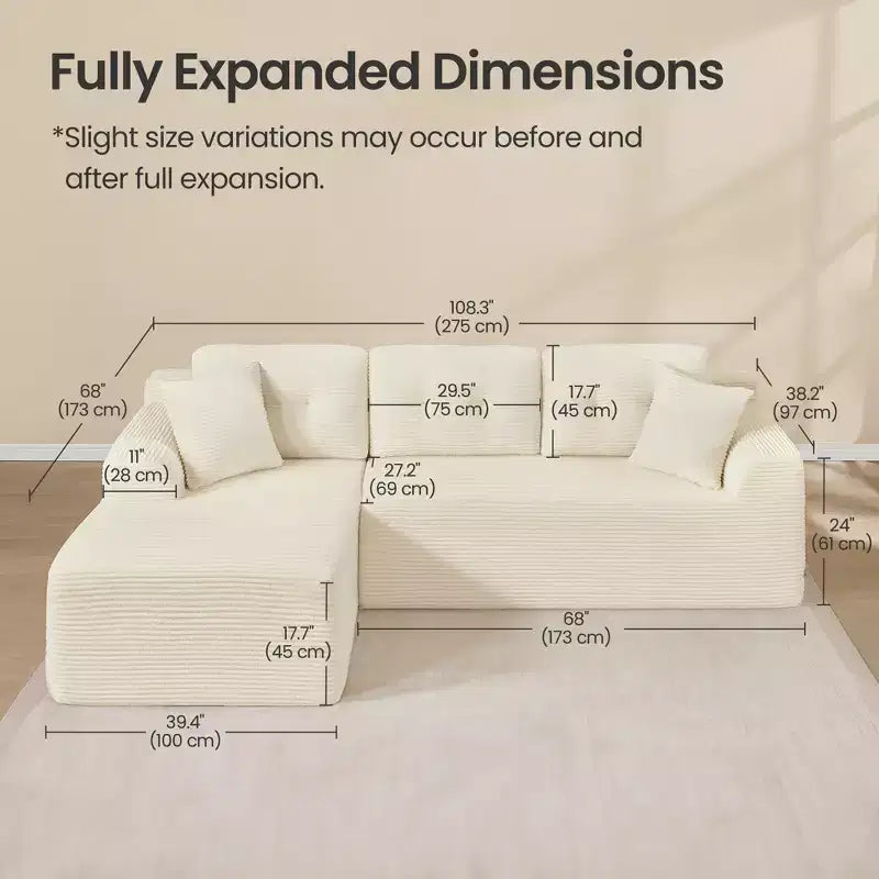 108.3 Inches Boneless Couch with Chaise, with Deep Seat, L-Shape Corduroy Sofa for Living Room, Right-Facing Chaise
