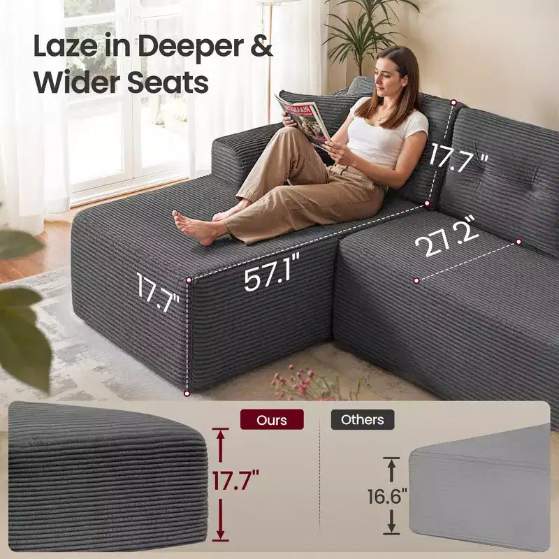 108.3 Inches Boneless Couch with Chaise, with Deep Seat, L-Shape Corduroy Sofa for Living Room, Right-Facing Chaise