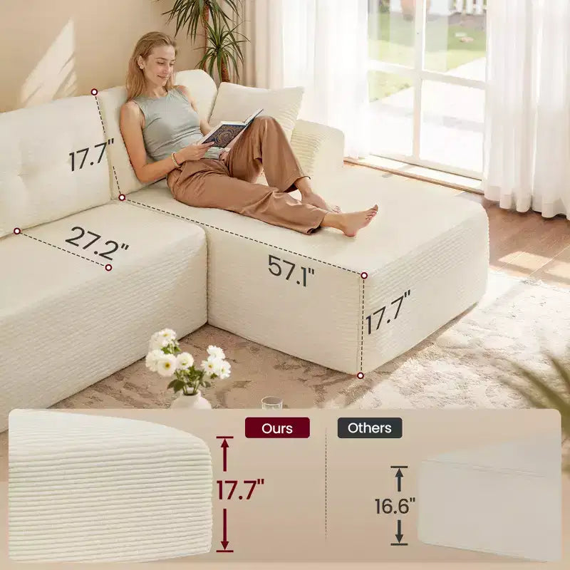 108.3 Inches Boneless Couch with Chaise, with Deep Seat, L-Shape Corduroy Sofa for Living Room, Right-Facing Chaise