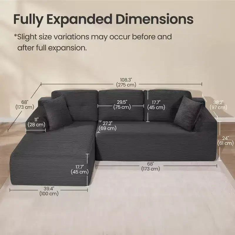 108.3 Inches Boneless Couch with Chaise, with Deep Seat, L-Shape Corduroy Sofa for Living Room, Right-Facing Chaise