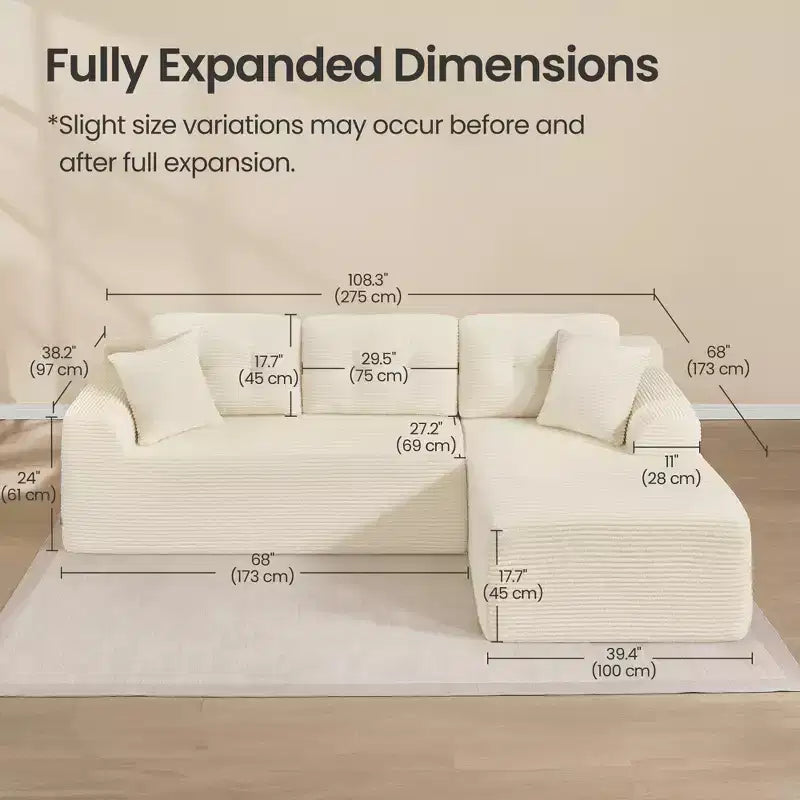 108.3 Inches Boneless Couch with Chaise, with Deep Seat, L-Shape Corduroy Sofa for Living Room, Right-Facing Chaise