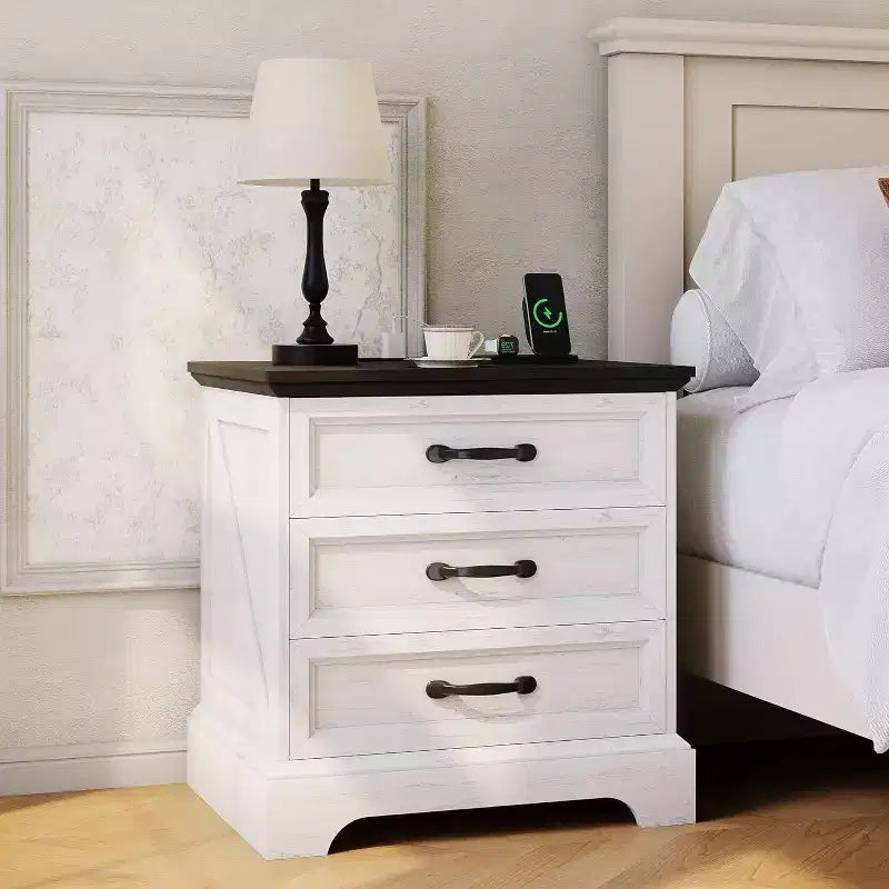 Modern Nightstand with 3 Large Drawers, Rustic 24.8 Inch Wide End Side Table Retro Wood Big Nightstand Beside Table for Bedroom, White