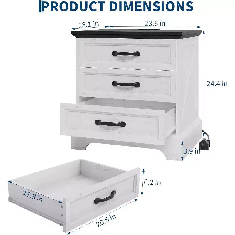 Modern Nightstand with 3 Large Drawers, Rustic 24.8 Inch Wide End Side Table Retro Wood Big Nightstand Beside Table for Bedroom, White