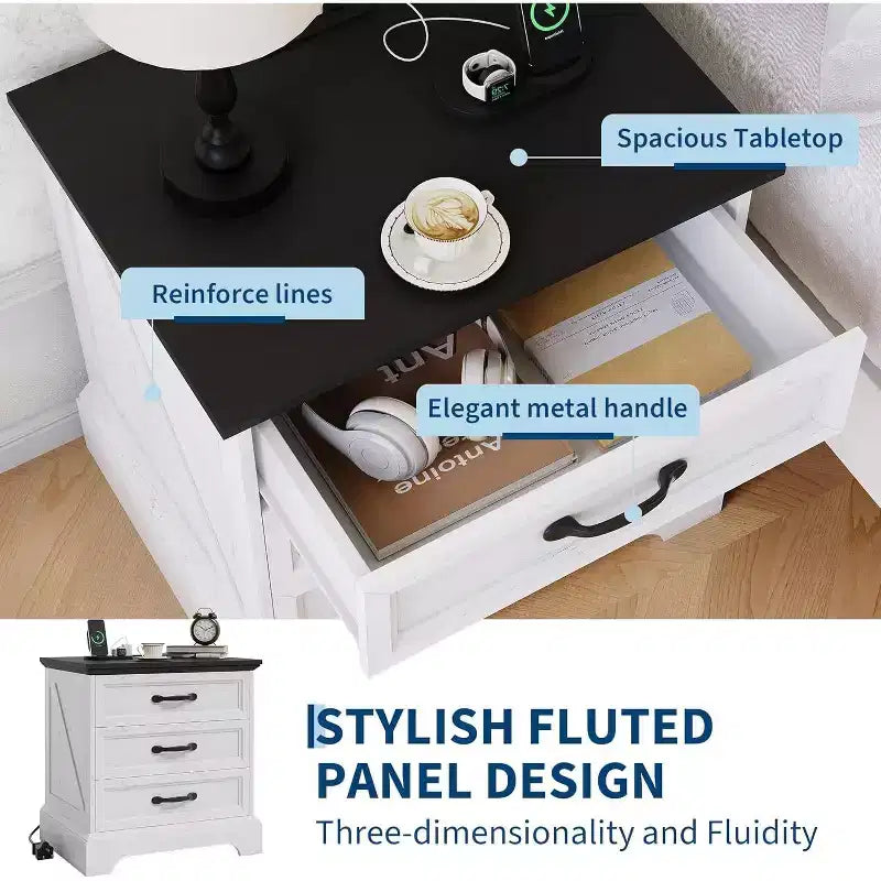 Modern Nightstand with 3 Large Drawers, Rustic 24.8 Inch Wide End Side Table Retro Wood Big Nightstand Beside Table for Bedroom, White