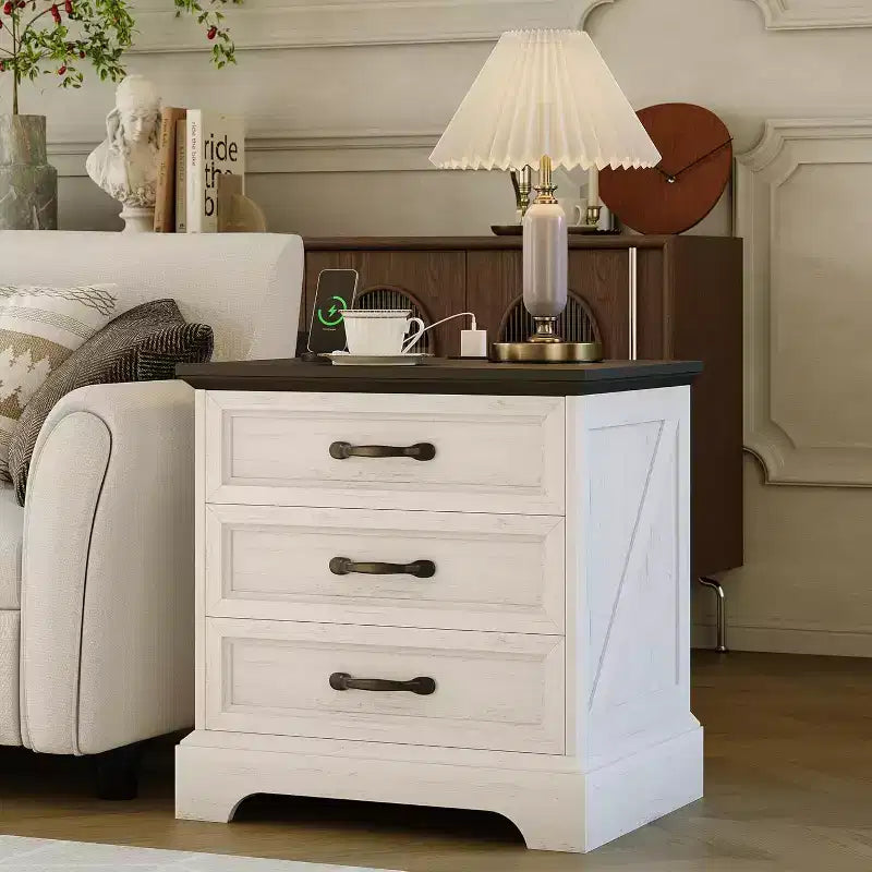 Modern Nightstand with 3 Large Drawers, Rustic 24.8 Inch Wide End Side Table Retro Wood Big Nightstand Beside Table for Bedroom, White
