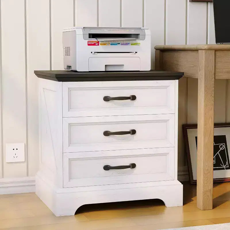 Modern Nightstand with 3 Large Drawers, Rustic 24.8 Inch Wide End Side Table Retro Wood Big Nightstand Beside Table for Bedroom, White