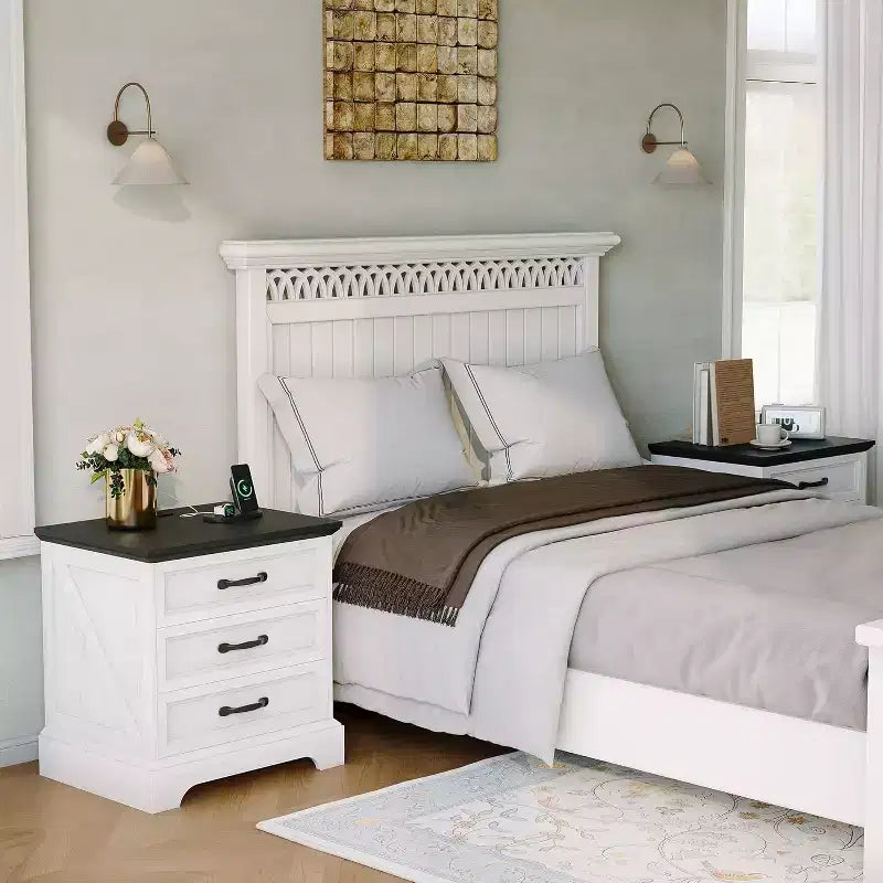 Modern Nightstand with 3 Large Drawers, Rustic 24.8 Inch Wide End Side Table Retro Wood Big Nightstand Beside Table for Bedroom, White
