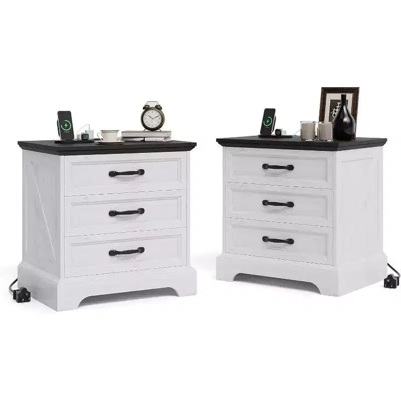Modern Nightstand with 3 Large Drawers, Rustic 24.8 Inch Wide End Side Table Retro Wood Big Nightstand Beside Table for Bedroom, White