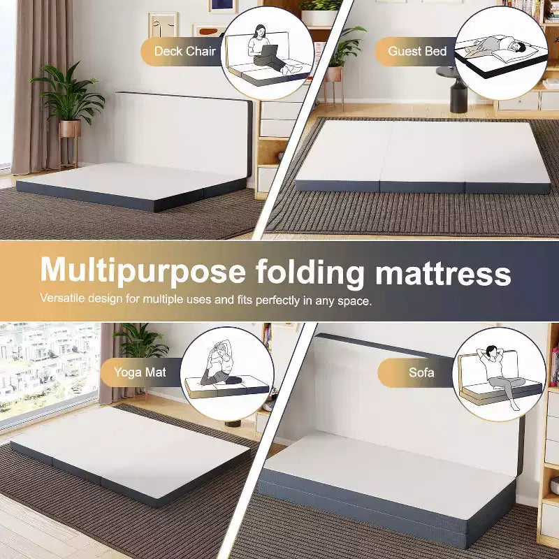 4 Inch Mattress Tri-Fold Memory Foam Mattress Topper with Washable Cover for Camping Gust or Floor RV, Queen