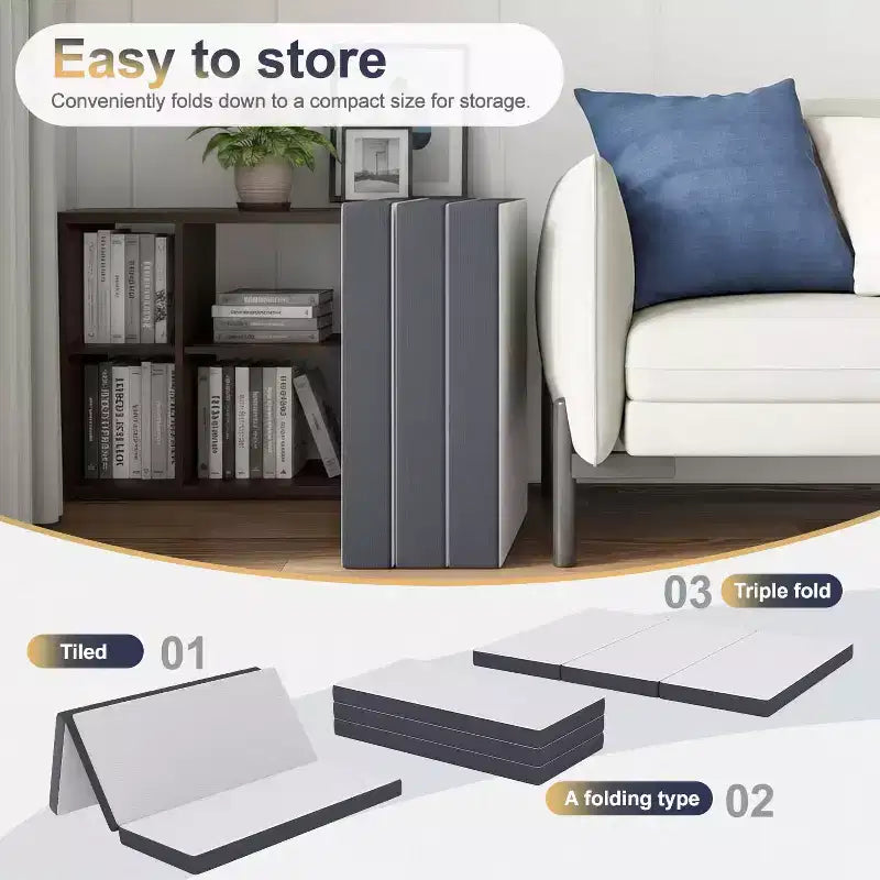 4 Inch Mattress Tri-Fold Memory Foam Mattress Topper with Washable Cover for Camping Gust or Floor RV, Queen