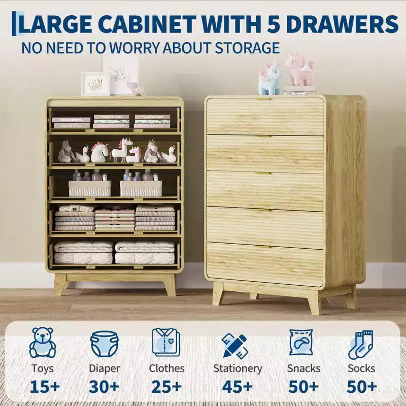 Wood Dresser for Bedroom, Fluted 5 Drawer Dresser, Thickened Retro Chest of Drawers & Charging Station for Entryway, Kitchen, Hallway