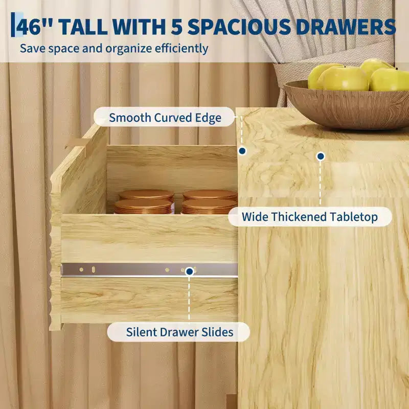 Wood Dresser for Bedroom, Fluted 5 Drawer Dresser, Thickened Retro Chest of Drawers & Charging Station for Entryway, Kitchen, Hallway